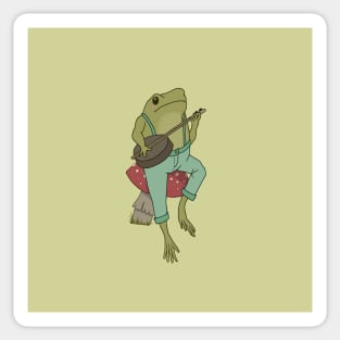 Funny Cottagecore Frog Playing Banjo Guitar and Sitting on a Mushroom Sticker